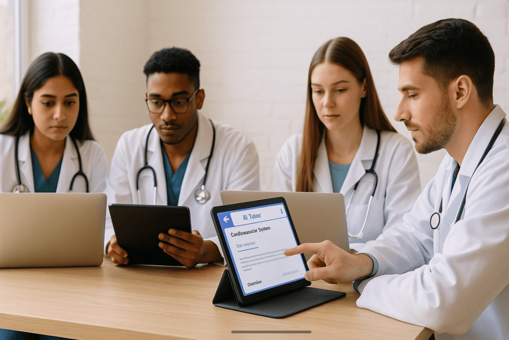 Illustrative scene of medical students learning together with laptops and a tablet
